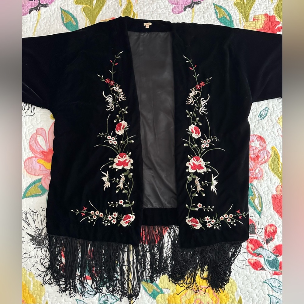 Reba by Reba McEntire Black Velvet Embroidered Fringe Jacket